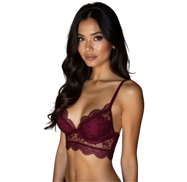Woman in burgundy lace bralette. Elegant lingerie fashion shot.